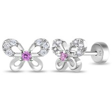 CZ Petite Butterfly Baby / Kids Earrings Safety Push Back - Sterling Silver