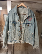 Chevy Heartbeat of America distressed mens denim jacket 90s retro streetwear