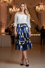 Lauren Ralph Lauren 100 Silk A-Line Pleated Skirt Blue Black Pockets Size10 NEW