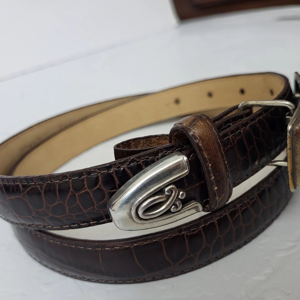 Brighton Women's Brown Crocodile Embossed Leather Belt Silver Buckle & Tip Sz L - Image 3 of 4