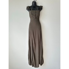 Flynn Skye Bardot Maxi Dress Olive Green Off Shoulder Ruffle Slit Boho Size S