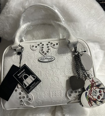 NWT Ed Hardy Tattoo Satchel Handbag Purse White Skulls ROCK Fashion Y2K
