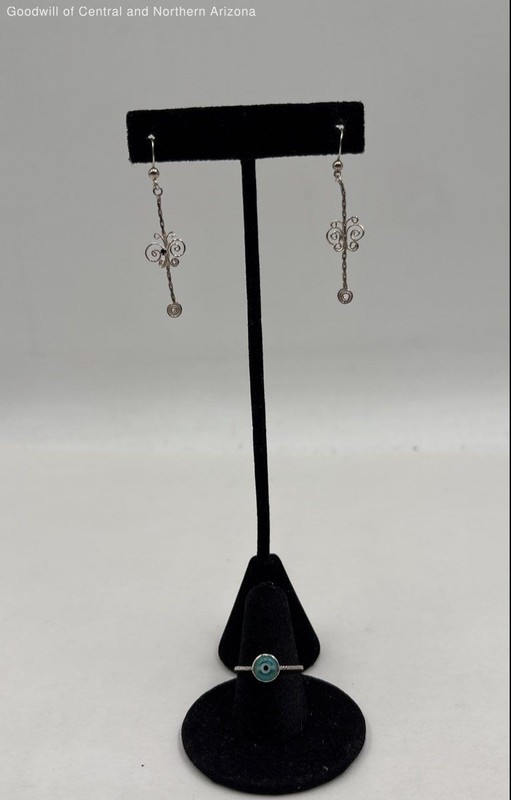 925 Sterling Silver Nazar Eye Ring & Butterfly Earrings w/Rhinestone 2.77g