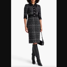 $2495 Dolce & Gabbana Black White Frayed Tweed Midi Dress size IT 44/8