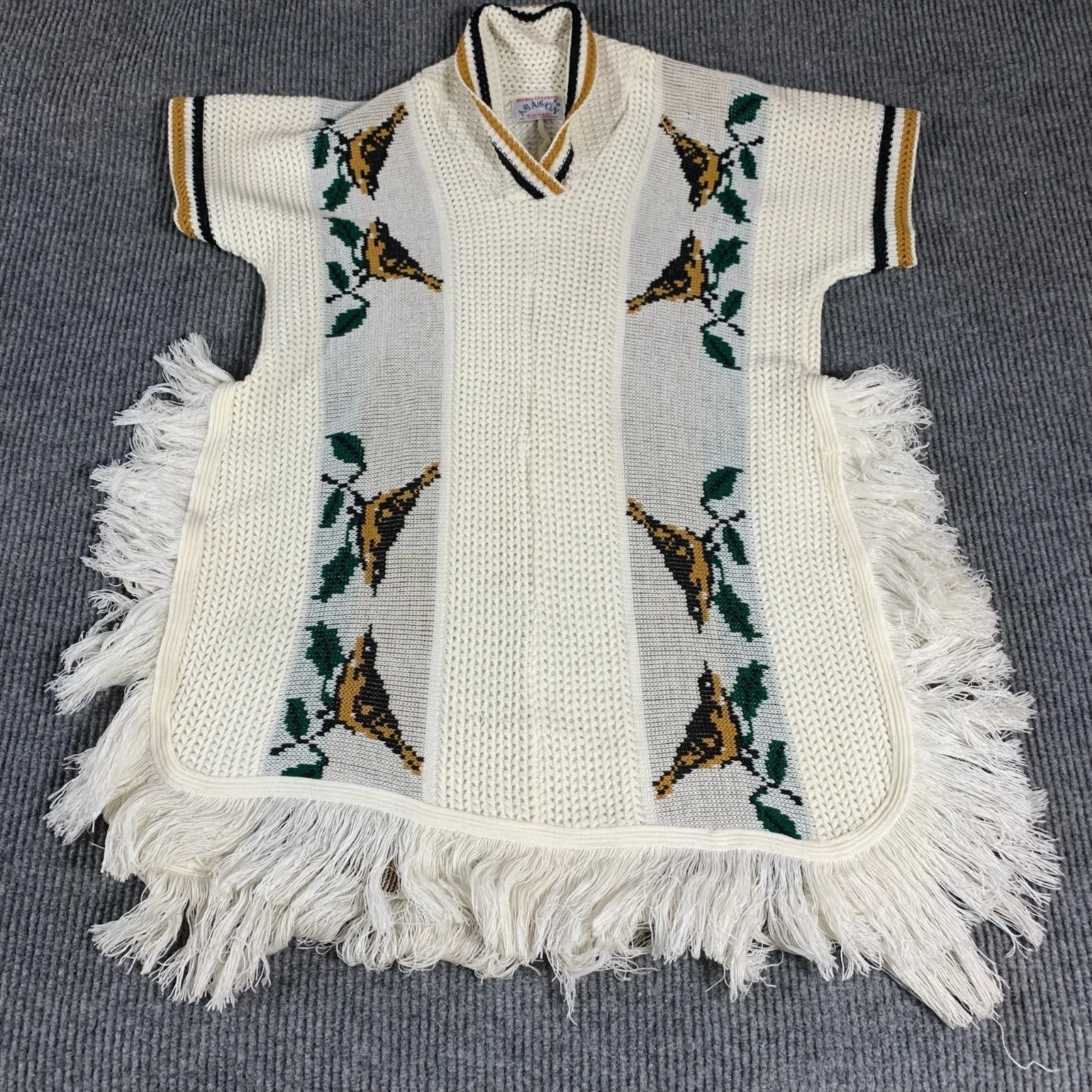 VTG Tejidos Abagon Sweater Womens 38 M White Poncho Fringe Southwestern Mexico