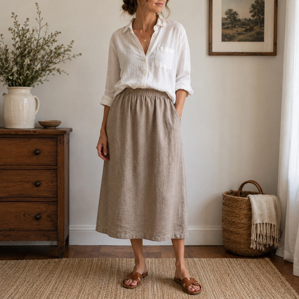 Marc Ware M Taupe 100% Linen Elastic Waist Midi Skirt Made USA Coastal Grandma
Opens in a new window