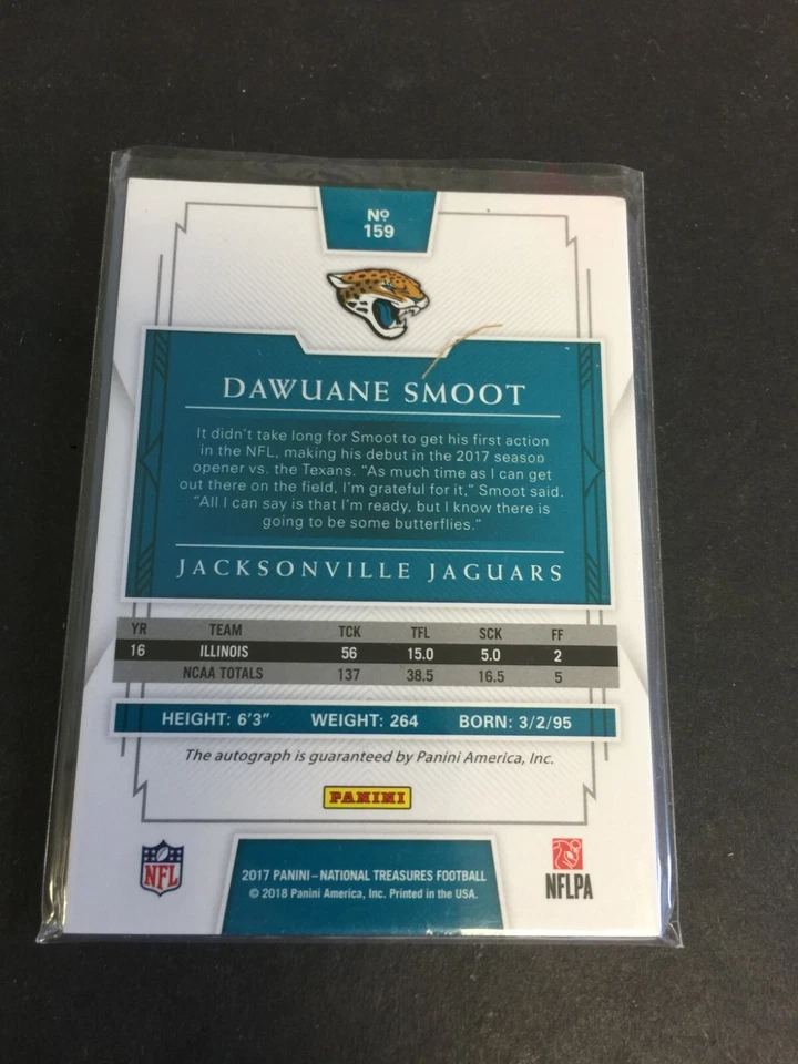 2017 FOOTBALL CARD #159 NATIONAL TREASURES DAWUANE SMOOT AUTO 36/49 9121 - Image 2 of 2