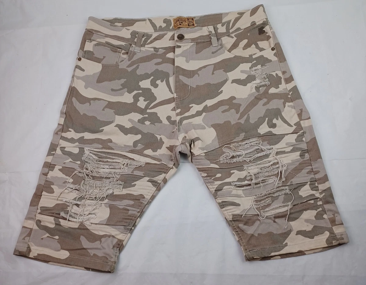 Distressed store camo shorts