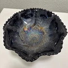 Vintage Stag & Holly-RARE-3 Footed Carnival Glass Amethyst Bowl-Ruffled Edge