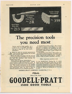 1925 Goodell Pratt Tools Ad: Steel Rule No. 213, Micrometer 2R, Feeler Gauge 359
