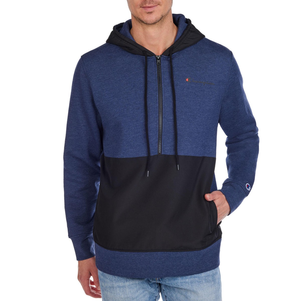Champion Menu0026#039;s Fleece Woven-Mix Half Zip Two Tone Hoodie Navy Heather  - M | eBay
