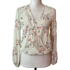 Sienna Sky Faux Wrap Floral Long Sleeve Top Size XS White Pink Print NEW