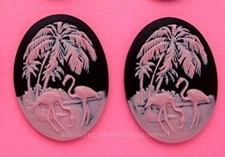2 PINK on BLACK FLAMINGOS & PALM TREES 40mm x 30mm Costume Jewelry Craft CAMEOS