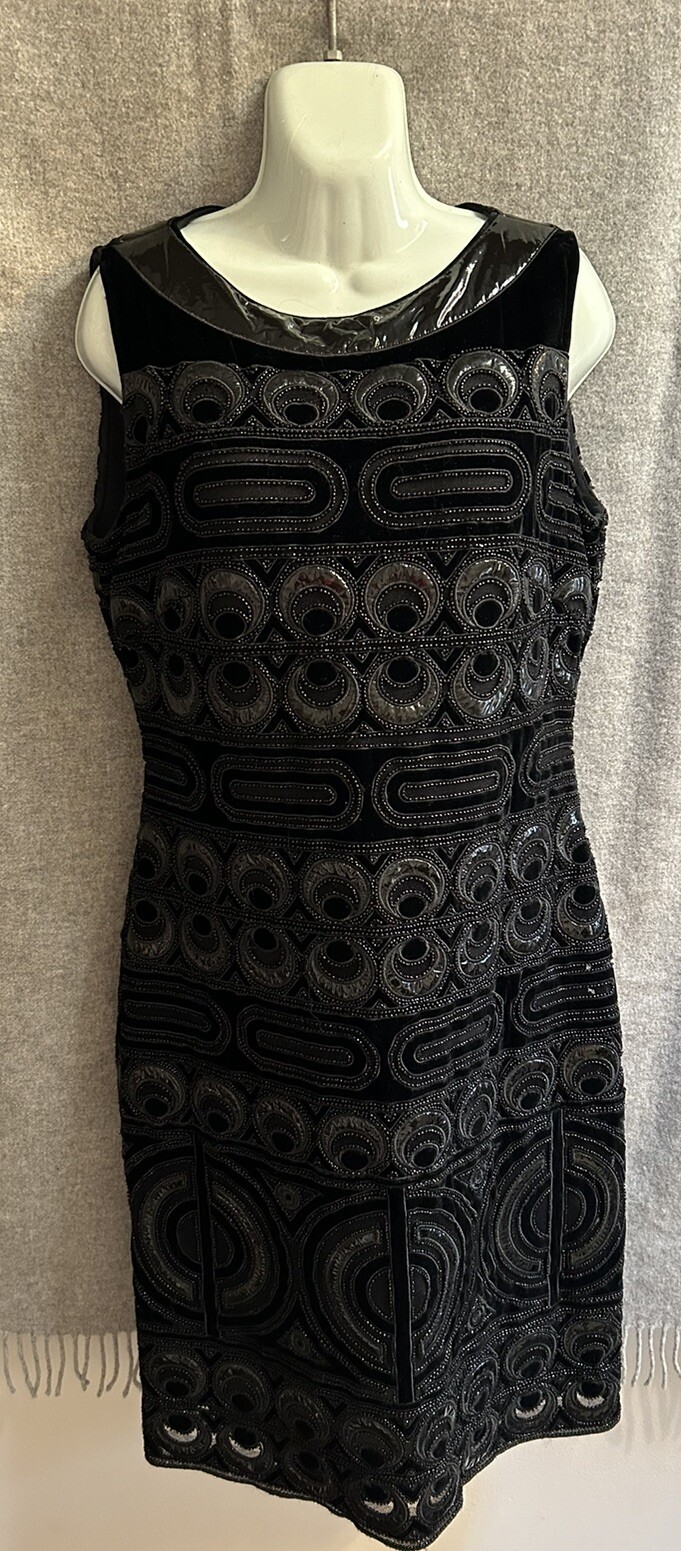 Abito Tory Burch nero con perline velluto vernice bordo cerchio rete taglia 4
