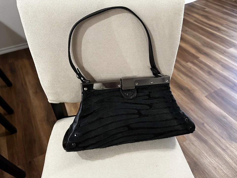 Patricia Nash Black Calf Cowhide Zebra Satchel HandBag Leather Studded Purse