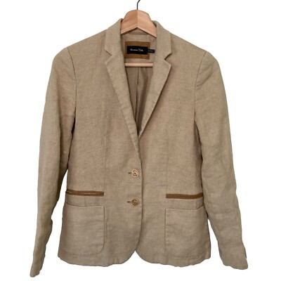 Massimo Dutti Beige Flax Blazer Pockets With Suede Stripes Womens Size 6 Lined