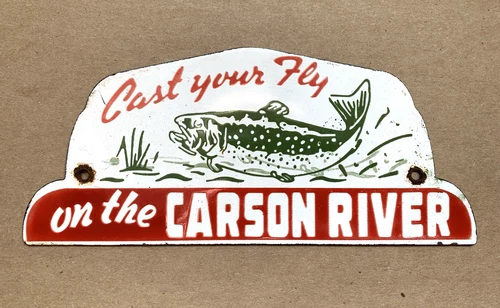 VINTAGE 8x3.5" on the CARSON RIVER PORCELAIN FISHING GAS OIL PUMP STATION SIGN