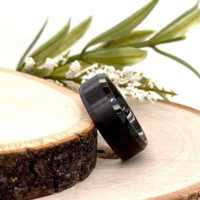 8mm Black Tungsten Carbide Ring For Christmas Gifts Brushed Polished Edges Band