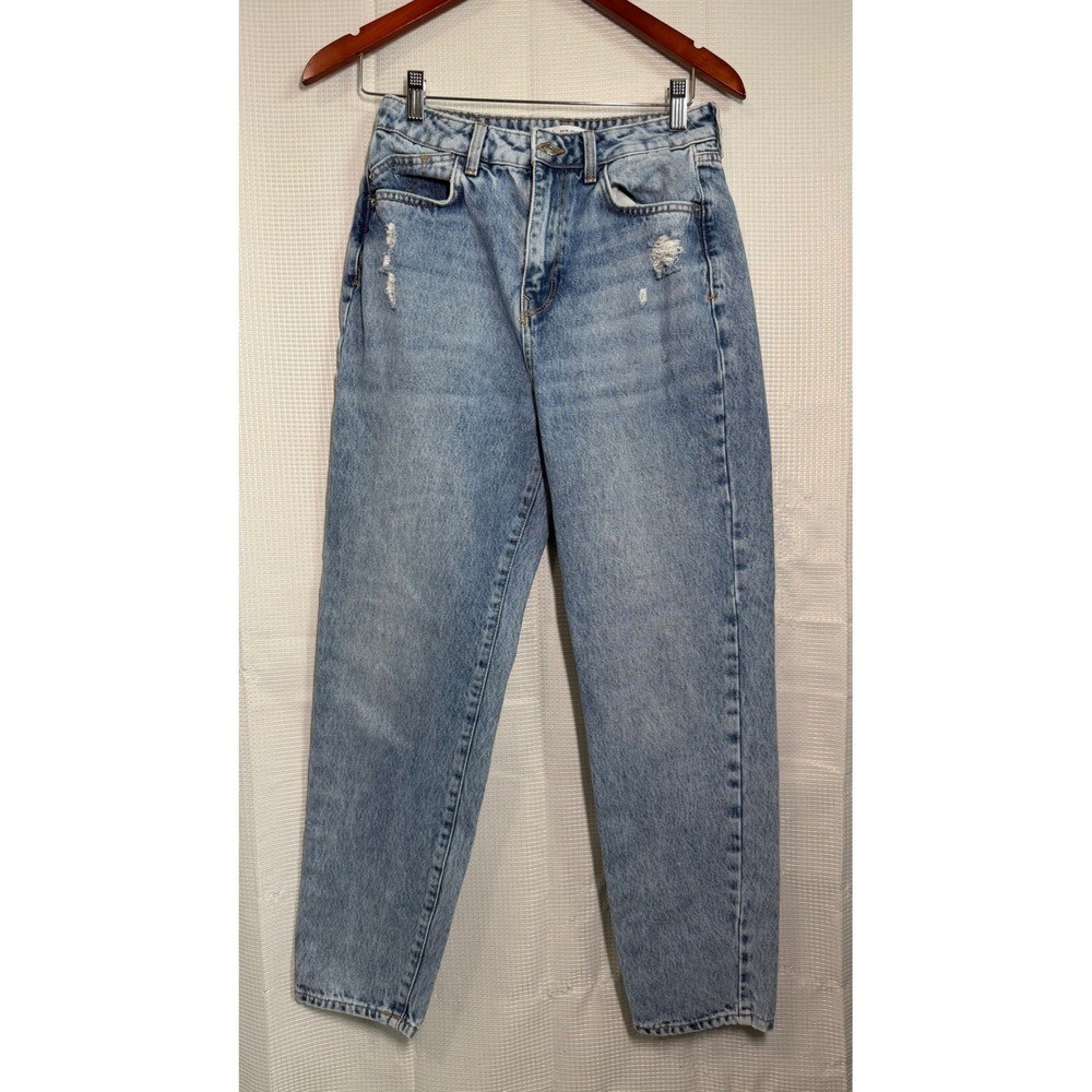 Zara Mom Jeans Size 4 Light Wash Blue Distressed High Rise Tapered Leg-image
