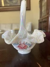 FENTON OPALESCENT IRIDIZED  MILK GLASS BASKET HAND PAINTED SIGNED C. SMITH