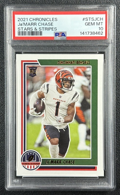 JA'MARR CHASE PSA 10 2021 PANINI CHRONICLES #STS-JCH ROOKIE STARS AND STRIPES RC