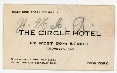 c1918-20 The Circle Hotel New York Columbus Circle Business Card P69