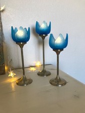 Vintage 1980s Frosted Blue Glass and Brass Tulip Candle Holder Lot Of 3