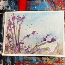 Mushrooms Landscape Original Painting flowers watercolor nature Artettina