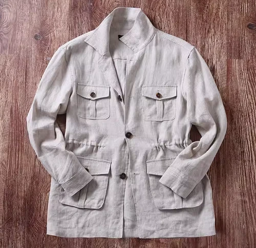 Men's 100% Linen Safari Pockets Coat Jacket Casual Hunting Breathable Retro Tops - Picture 11 of 18