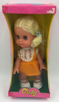 Vintage Cindy Doll 9'' Sleepy Eyes Made In Hong Kong NIB Orange Dress Blonde Hair
