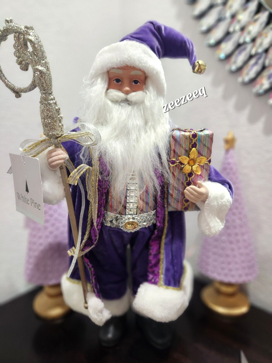 Christmas Purple Santa Claus Doll White Faux Fur Figurine