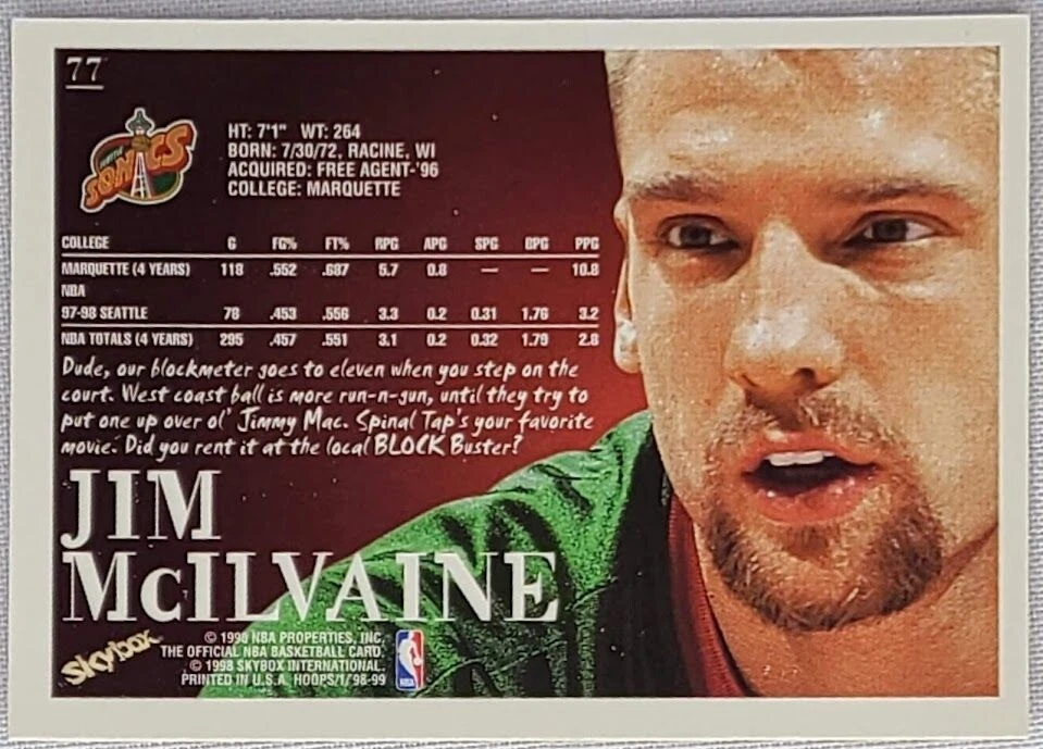 1998-99 Skybox NBA Hoops Basketball #77 Jim McILvaine Seattle Supersonics - Image 2 of 4