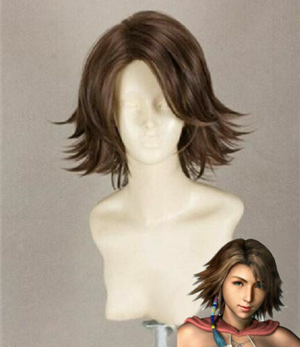 Parrucca Final Fantasy FFX2 Yuna corta marrone stile anime cosplay parrucche capelli sintetici - Foto 1 di 7