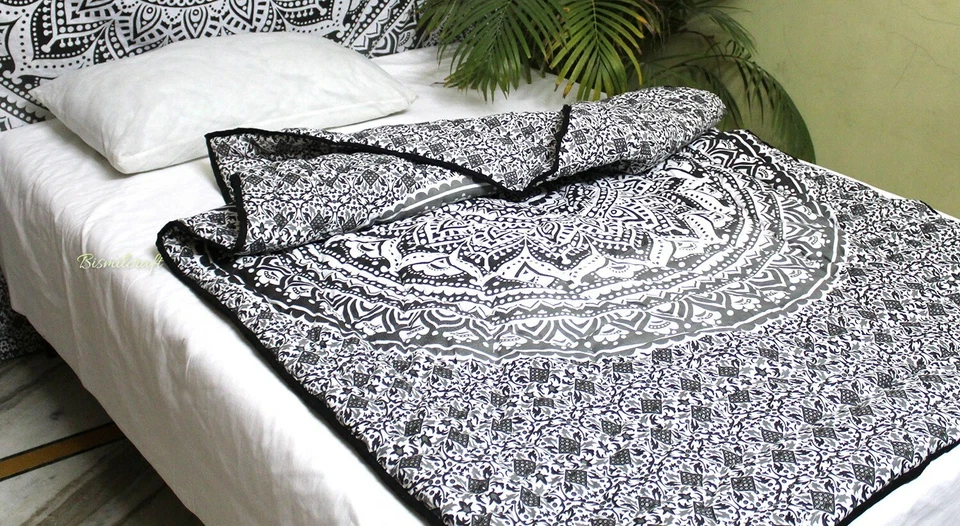 Manta Mandala Reversible Ombre Gris Edredón Doble, 100% Algodón Relleno Edredón Individual Foto 2 de 4