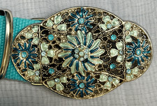 Beautiful Enamel and crystal Belt Buckle on a Wide Turquoise Belt - size 11 39"