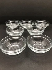7 DURALEX FRANCE CLEAR GLASS BOWLS 3 1/2" Rimmed Custard Prep Bowls Double Lines