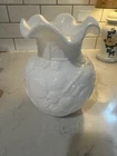 Rare Vintage Fenton Apple Tree White Milk Glass Crimped Top Vase Scalloped Top