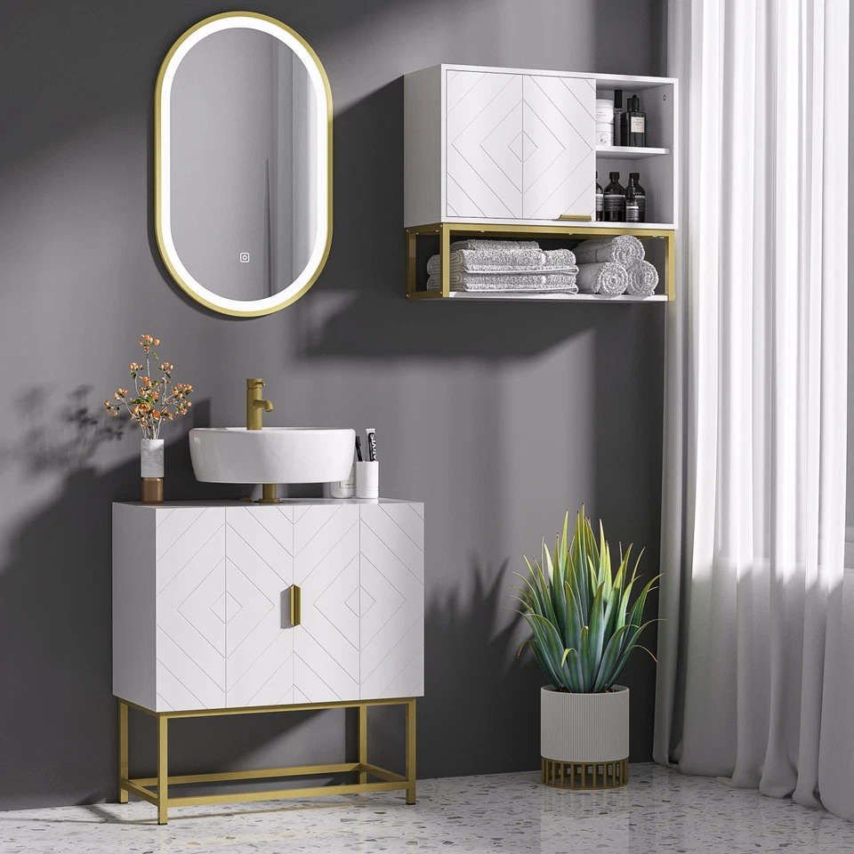 Bathroom Sink Cabinet Wooden White 60W x 30D x 65H cm Embossed Gold Double Door - Image 2 of 4