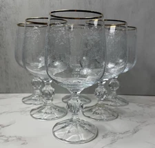 Bohemia Crystal Crystalex Queen's Lace Water Goblet Set of 6 Gold Rim Lace Etch