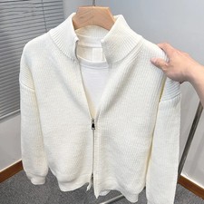 Versatile solid color zipper cardigan men's knitted sweater autumn and winter po