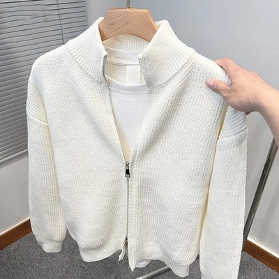 Versatile solid color zipper cardigan men's knitted sweater autumn and winter po