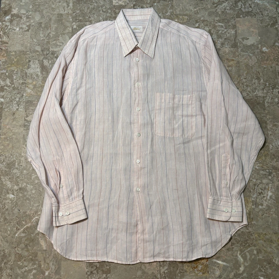 Brioni Shirt Mens XL Pink 100% Linen Long Sleeve Button Pinstripes Italy - Image 2 of 4