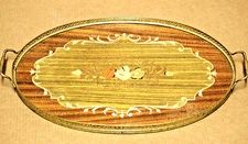 Vintage Mid-Centiury Tea Brass /Wooden Marquetry Serving Oval Tray made in Italy