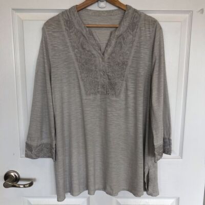 Soft Surroundings tunic top with embroidery detail at neck and cuffs grey XL