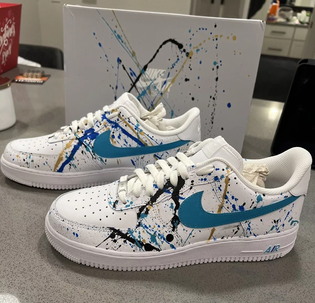 Air Force 1 Custom Splatter 🎨 Gold Teal Black White Shoes Sneakers Mens  Womens