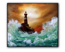 Original Acrylic Landscape Painting  12x14" Lighthouse and Ocean Waves  Wall Art