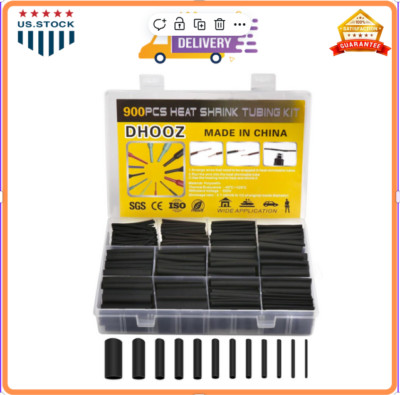 DHOOZ 900PCS Heat Shrink Tubing Kit   2:1 Waterproof Wrap, 12 Sizes, Black