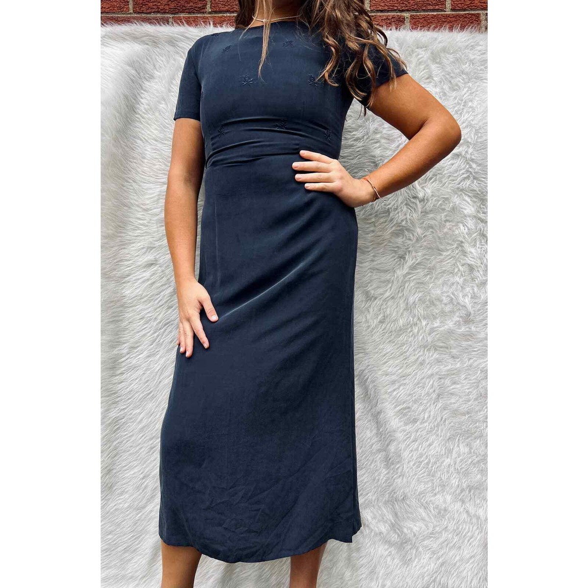 Laura Ashley silk navy dress size floral embroidery Midi length