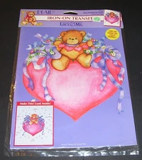 PLAID CRAFT IRON ON TRANSFER LARGE BEAR PERCHED ON HEART 1994 NIP