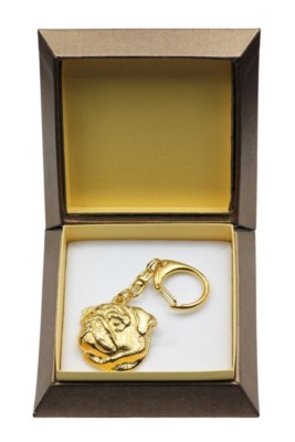 Pug Type 2 - Gold-plated Keychain with a Dog, Box Art Dog DE